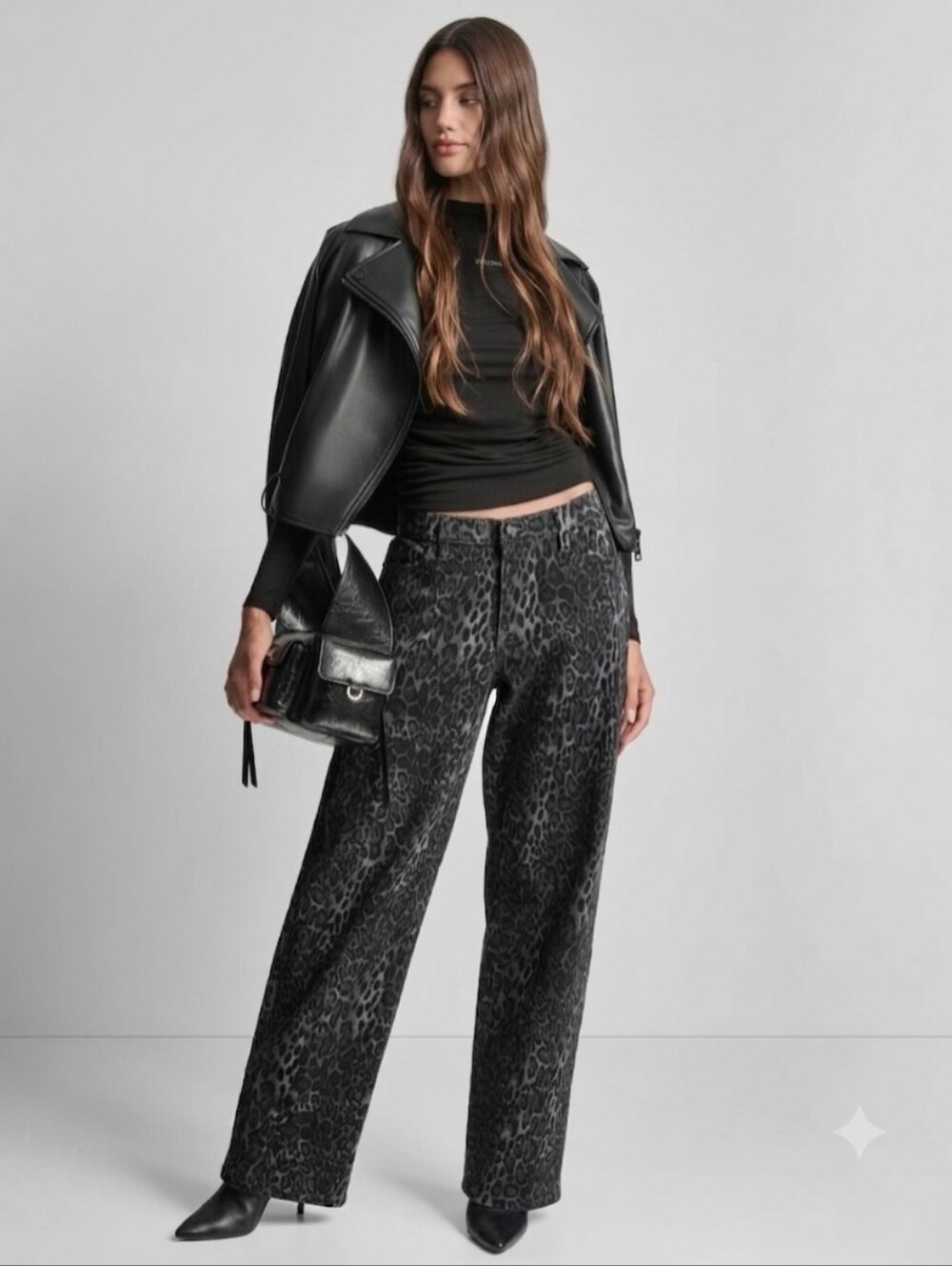DKNY Jeans Size 32 Charcoal Grey Leopard Print High Rise Wide Leg Jeans